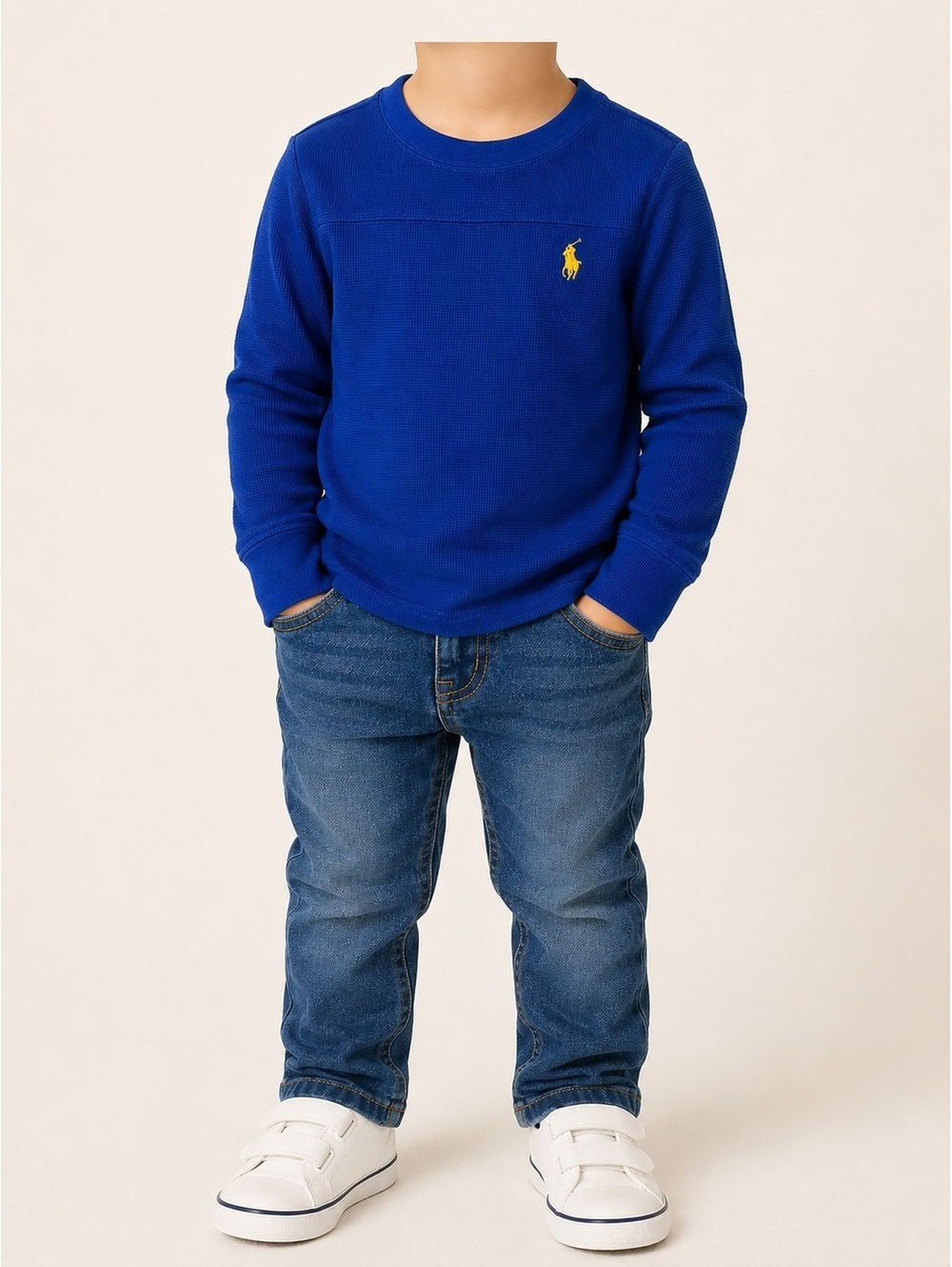 Polo Ralph Lauren Boys 3T Blue Waffle Knit Thermal Long Sleeve Shirt Yellow Pony